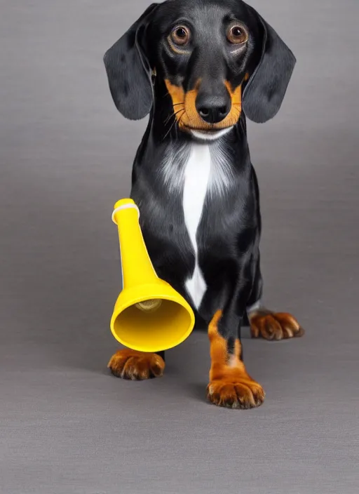 Image similar to clear photo of a black and dapple Dachshund with a megaphone for a head