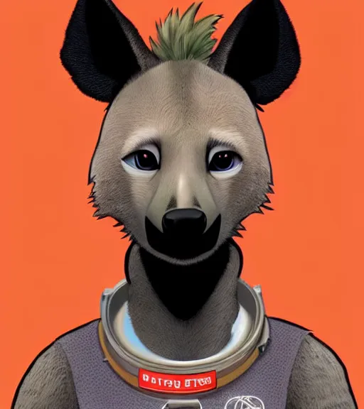 Image similar to full body digital artwork of furry female hyena, in style of zootopia, fursona, furry, furaffinity, deviantart, wearing astronaut outfit, floating in space, cyberpunk, detailed face, style of artgerm,