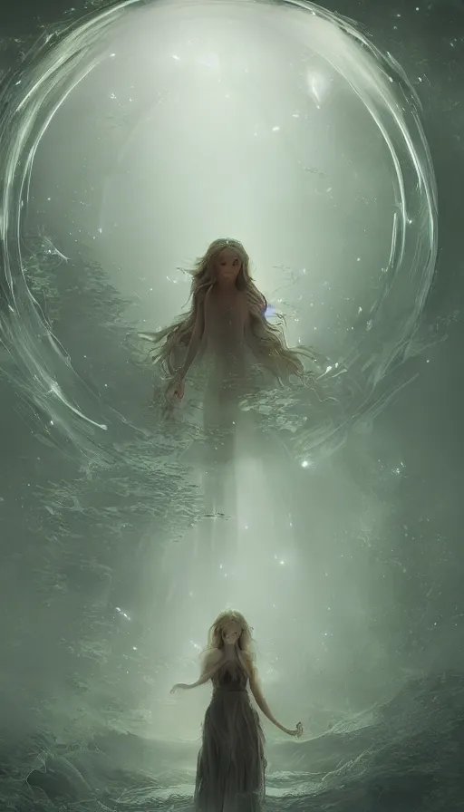 Prompt: goddess of illusion, beautiful, stunning, breathtaking, mirrors, glass, magic circle, magic doorway, fantasy, mist, bioluminescence, hyper - realistic, unreal engine, by wlop