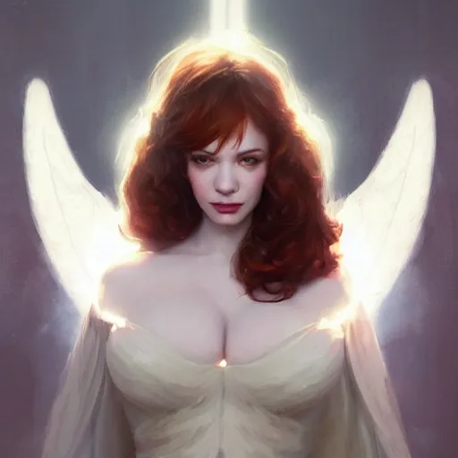 Prompt: Portrait of a Christina Hendricks with angel wings, and a glowing halo, white lighting, digital art by Ruan Jia and Mandy Jurgens and Artgerm, highly detailed, trending on artstation, award winning,