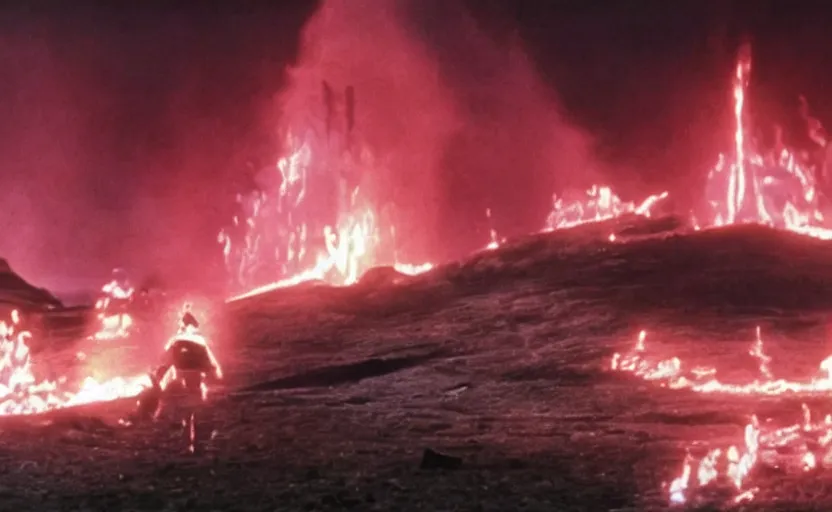 Image similar to screenshot of Luke Skywalker battling the ghost of Emporer Palpatine, with scattered ruins of a fiery pink forest, iconic scene from 1970s film by Stanley Kubrick, rise of skywalker, 4k HD, cinematic lighting, beautiful portrait of Mark Hammill, moody scene, stunning cinematography, anamorphic lenses, kodak color film stock, fire reak real life, ultra realistic, movie still