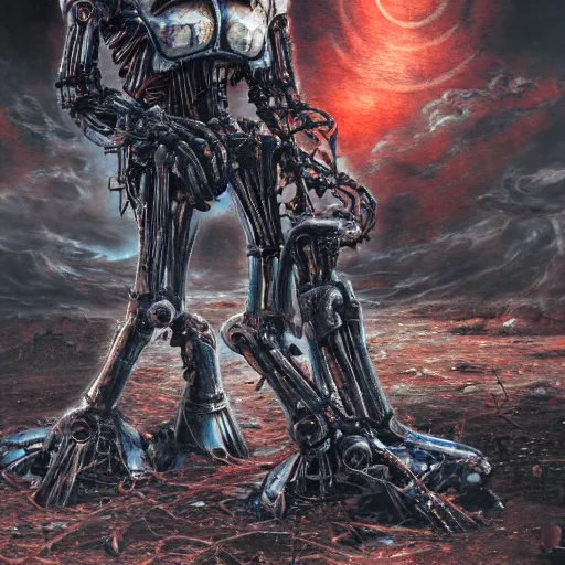 Image similar to death robot shredding guitar, standing in ruined burning street by Yoshitaka Amano, by HR Giger, biomechanical, 4k, hyper detailed, hyperrealism, anime, a Blood Moon rising on a Broken World, deviantart, artstation