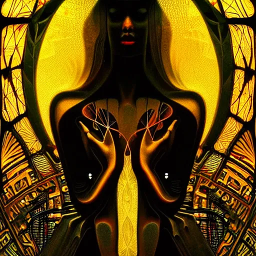 Image similar to extremely psychedelic beautiful brutalist architecture infected by night. intricate, elegant, highly detailed, extremely lifelike photorealistic digital painting, artstation. steichen, gaston bussiere, tom bagshaw, brutalist cyberpunk alphonse mucha. elegant minimalism. anatomically correct. sharp focus. black and gold. surreal lush cosmic hallucination