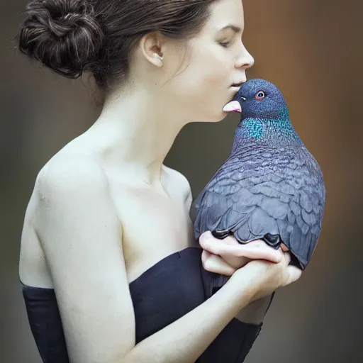 Image similar to portrait of woman who kissing a pigeon, realistic photography