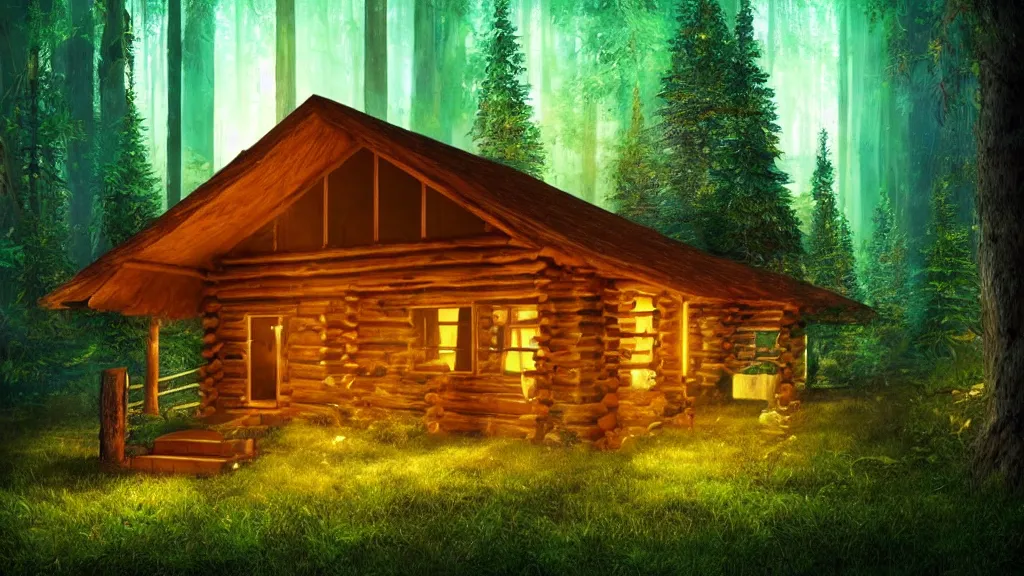 Image similar to portrait of an ethereal log cabin made of golden light, evergreen forest made of green and blue light, divine, cyberspace, mysterious, dark high-contrast concept art