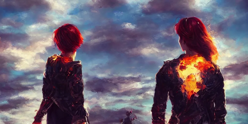 Prompt: back shot of one beautiful women in punk jacket gazing back into distance land, holding two swords. digital art by wlop. artstation contest winner, cinematic paint. lower shot. fiery dramatic cloud in background.