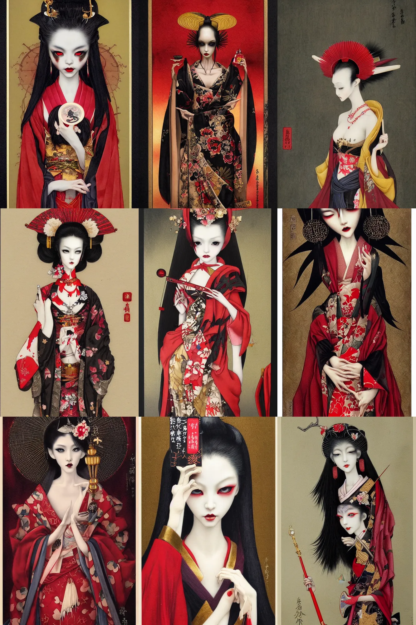 Prompt: watercolor painting of a japanese bjd geisha vampire with a long neck by tom bagshaw, ayami kojima, mark ryden in the style of thoth tarot card, dark - fantasy, red, gold black | no hands