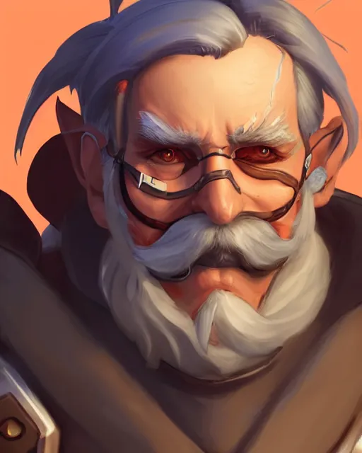 Image similar to overwatch concept art character portrait of a new character who is an elderly man with a scarred face and long mustache and eyepatch, trending on artstation, cgsociety,