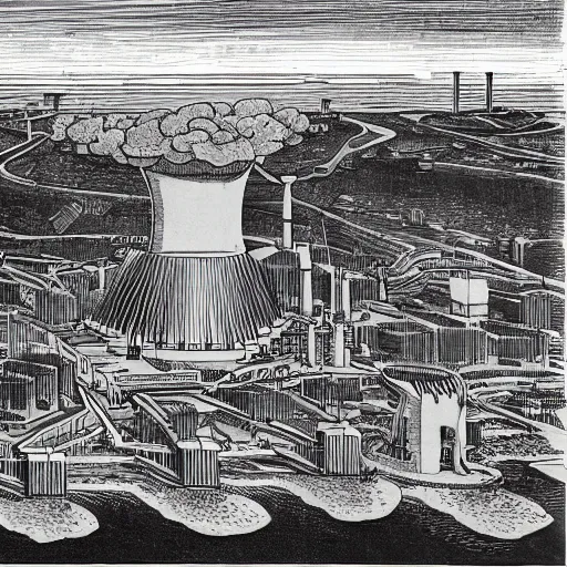 Image similar to utopian nuclear power station in a peaceful city with trams, drones and crowds, in the style of Edwin La Dell, post-war