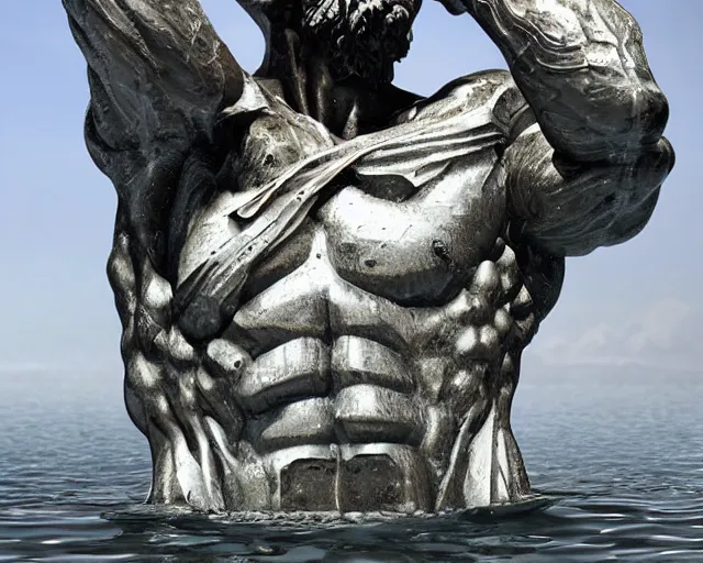 Image similar to a giant abstract sculpture of a legendary greek warrior god on the water, in the style of chad knight, award winning, cinematic, hyper - realistic, very detailed, realistic water splashes, ray tracing, 8 k resolution, long - shot, sharp focus, low angle, 8 5 mm photograph, wide lens