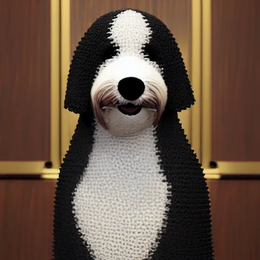 Image similar to a closeup photorealistic illustration of a smiling knitted bernedoodle judge dog dressed in a black gown, presiding over the courthouse. this 4 k hd image is trending on artstation, featured on behance, well - rendered, extra crisp, features intricate detail, epic composition and the style of unreal engine.