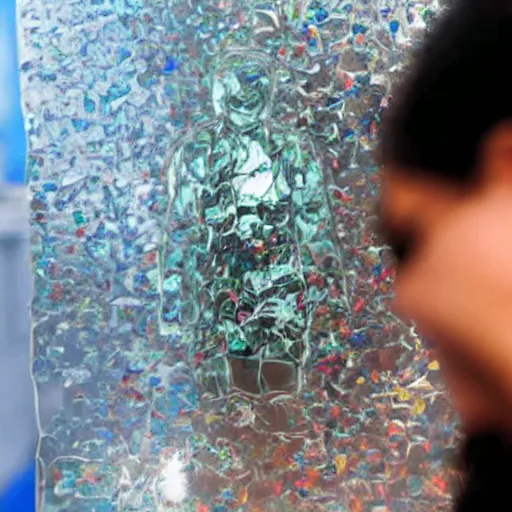 Prompt: photo of a person made of glass starting to shatter