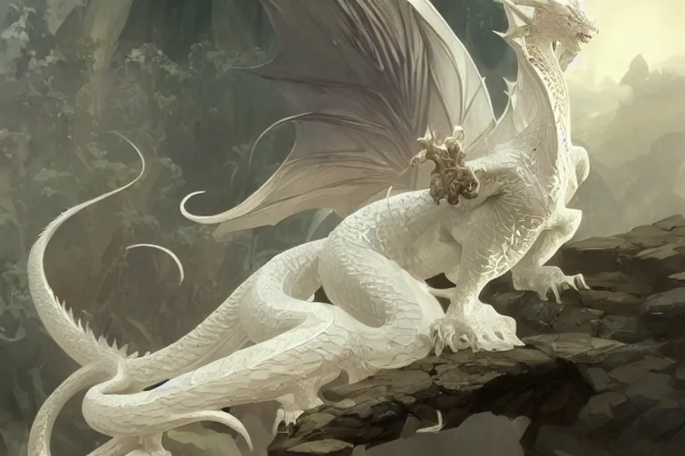 Prompt: white dragon, intricate, elegant, highly detailed, digital painting, artstation, concept art, smooth, sharp focus, illustration, art by Krenz Cushart and Artem Demura and alphonse mucha