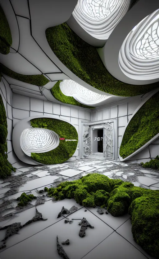 Image similar to highly detailed ultra sharp 3 d render villa interior cinematic composition of a smooth ceramic porcelain biomorphic magnolia stone nebula fluid fractal sci - fi surreal architecture landscape, granite, metallic, magnesium, marble, moss and lichen, vincent callebaut composition, mamou - mani, archviz, beautiful lighting, 8 k, unreal engine, hdr,