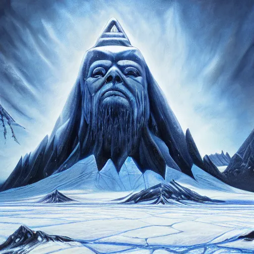 Prompt: menacing presence trailblazer Antarctica glacial cult ice mountain music king, realistic fantasy, oil painting, extremely high detail, photorealistic, cinematic lighting, oil painting, intricate line drawings, 4k resolution