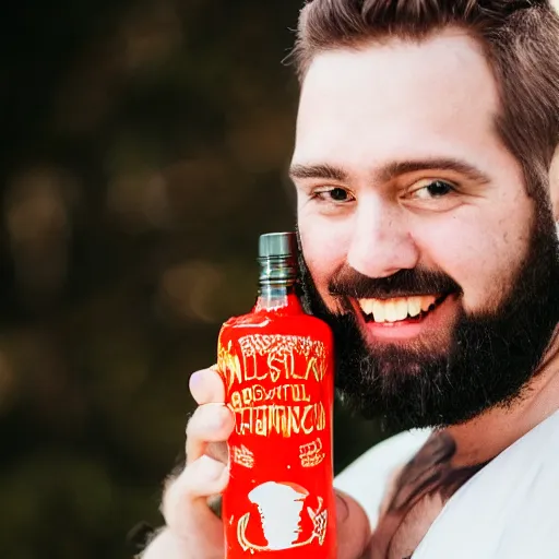 Image similar to man with short beard grinning sinisterly in a wedding dress holding a bottle of sriracha