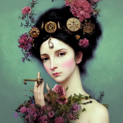 Prompt: a beautiful stunning fantasy whimsical matte digital portrait of a dark haired woman wearing an elegant ornate masquerade mask, her brain is a steampunk-style machine, her heart is full of colorful flora, concept art by William Adolphe-Bouguereau and Marc Simonetti and Victo Ngai, unsettling yet comforting, pastel color palette, trending on artstation hq