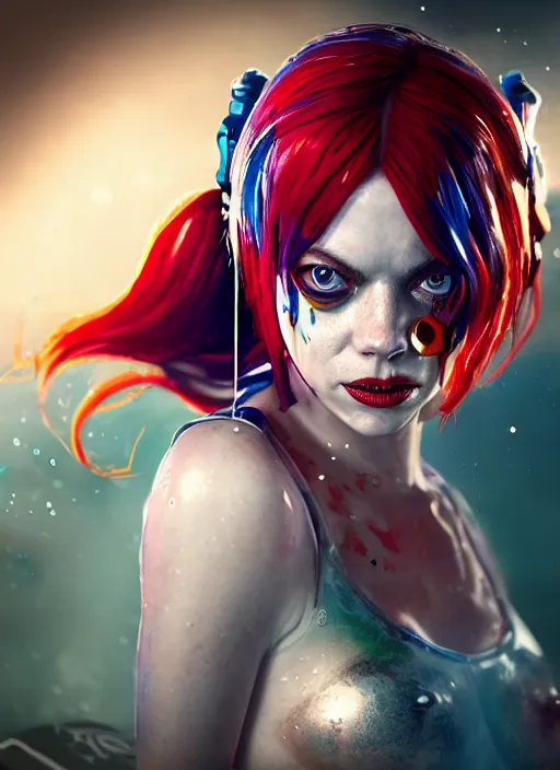 Image similar to underwater biopunk portrait of emma stone as harley quinn, au naturel, hyper detailed, digital art, trending in artstation, cinematic lighting, studio quality, smooth render, unreal engine 5 rendered, octane rendered, art style by klimt and nixeu and ian sprigger and wlop and krenz cushart.