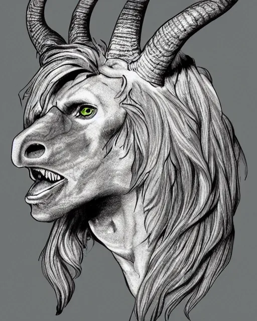 Image similar to human / eagle / lion / ox hybrid with two horns, one big beak, mane, human body. drawn