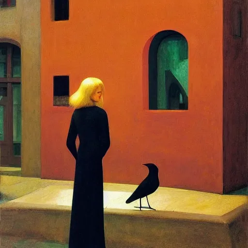 Image similar to a woman in a medieval city, a lots of crows, hyperrealistic film still by edward hopper, by gottfried helnwein, by klimt, by paolo uccello, art nouveau, highly detailed, strong lights, liminal, eerie, symbolist, bright pastel colors