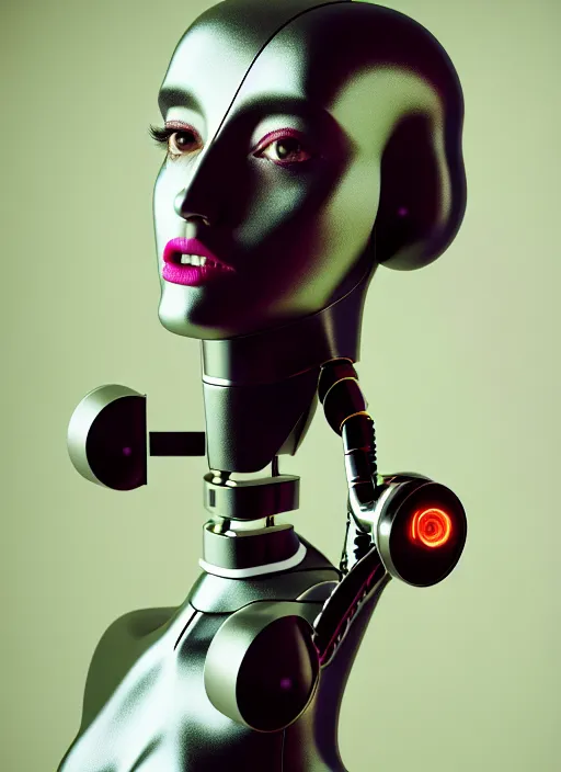 Image similar to kodak portra 4 0 0 of a gorgeous cross between a woman and robot, award winning, in style of tim walker, 1 5 0 mm, f 1. 2, volumetric light, coloured gel studio light, unreal engine 5, 8 k