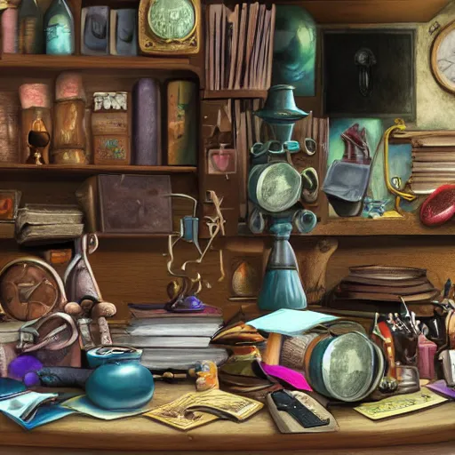 Image similar to the cluttered desk of a potion master