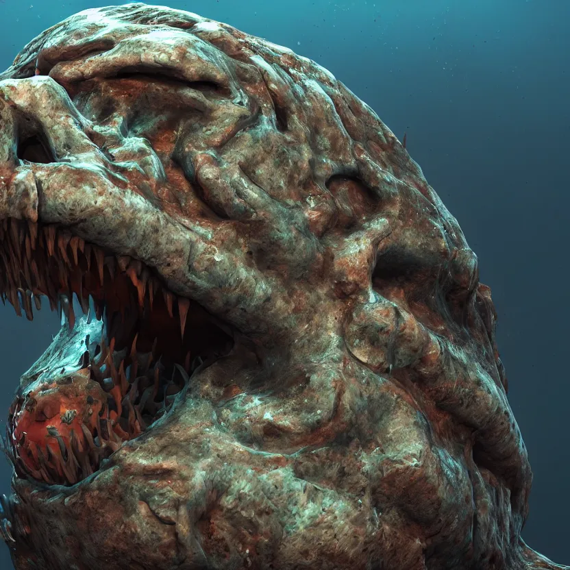 Image similar to photorealistic render of an underwater monster from the mariana trench, octane render