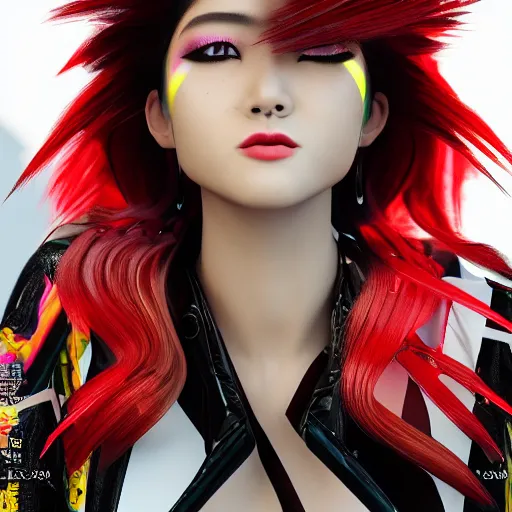 Image similar to japanese model with maximalist hair style and makeup, bright colors, fashion model, unreal engine octane, red and white, portrait, gliter, depth of field, 8 k, hyper detailed, intricate, trending on artstation