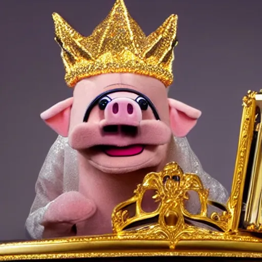 Prompt: pig wearing a gold crown depicted as a muppet holding box 8k