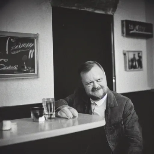 Image similar to lars løkke sitting drunk in the bar, film photo