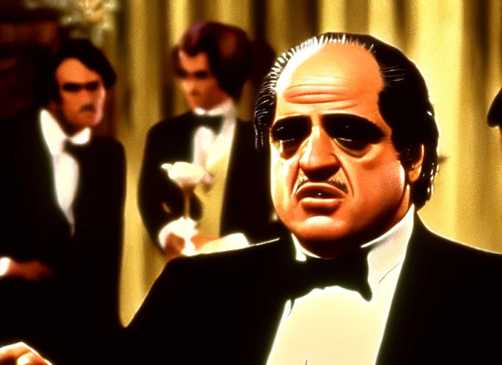Image similar to film still of Danny de Vito as the Godfather 1972, cineastic, brown colors, 8K
