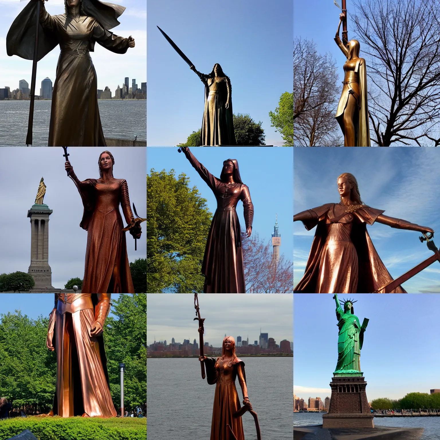Prompt: Giant 30-meter tall copper statue of Eowyn from Lord of the Rings, on Liberty Island, New York harbour, holding a sword