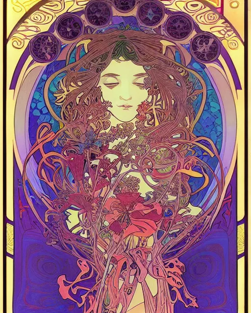 Prompt: psychedelic exotic flowers on a mysterious fantasy planet by Alphonse Mucha, Moebius, hiroshi yoshida, Art Nouveau, colorful, ultradetailed, vivid colour, 3d