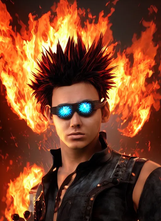 Prompt: An epic fantasy comic book style portrait painting of young man with long red spiked hair. Wearing a black waistcoat, white shirt, using googles. Blasting fire on his hands. Unreal 5, DAZ, hyperrealistic, octane render, cosplay, RPG portrait, dynamic lighting