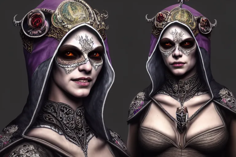 Image similar to a full portrait of a beautiful woman wearing, wearing extremely detailed attire, slim complexity, extremely detailed white eyes, medievil, dnd, extremely detailed, high quality, trending on artstation, photo realistic