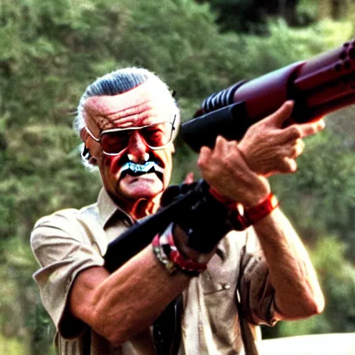 Prompt: High quality screenshot of Stan Lee as Rambo (1995) with a minigun