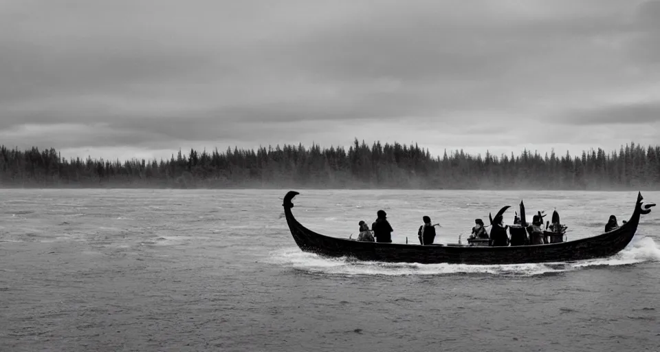 Image similar to a viking ship sailing down a river, f / 2. 8, motion blur