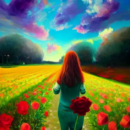 Image similar to giant rose as a head, girl walking in a flower field, surreal photography, sunrise dramatic light, impressionist painting, colorful clouds, digital painting, artstation, simon stalenhag