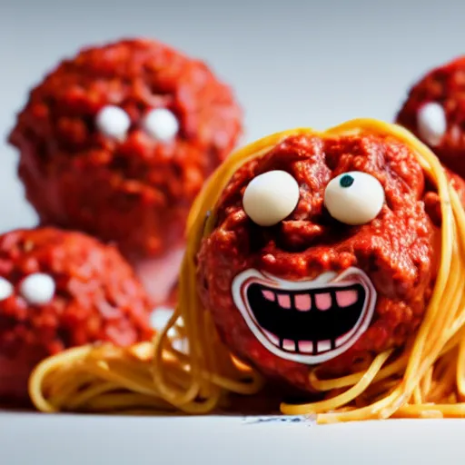 Image similar to spaghetti with meatballs shaped like screaming chucky doll, octane render