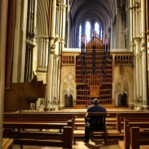 Image similar to a renaissance painting of a man sitting on the seat of a pipe organ inside of a cathedral, the man is tiny im comparison to the size of the cathedral.