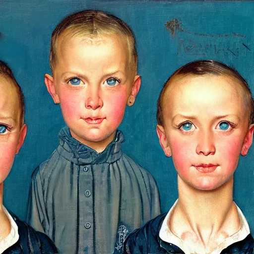 Prompt: Frontal portrait of adult triplets with ice blue eyes. Painting by Norman Rockwell.