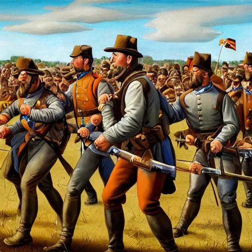 Image similar to Civil War battle of gettysburg but all the soldiers are oompa loompas, painting, painted by michelangelo, 8k