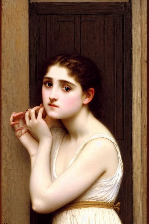 Prompt: girl in thought by auguste toulmouche and bouguereau, clear face, perfect detailed eyes, beautiful hands, pale skin, blonde hair, leaning on door