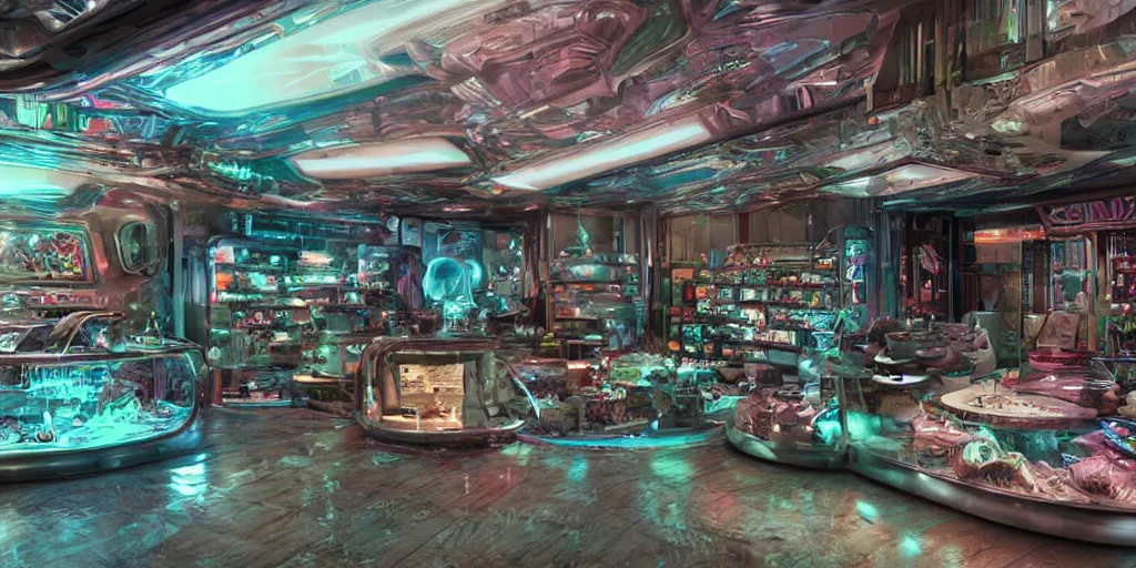 Prompt: a dirty alien shop, futuristic, holographic, 8k, sharp focus, hyper realistic