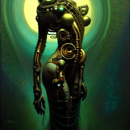 Image similar to extremely psychedelic beautiful cyborg viral goddess infected by night. intricate, elegant, highly detailed, extremely lifelike photorealistic digital painting, artstation. steichen, gaston bussiere, tom bagshaw, cyberpunk alphonse mucha. elegant minimalism. anatomically correct. sharp focus. gold, black accents. surreal lush cosmic hallucination