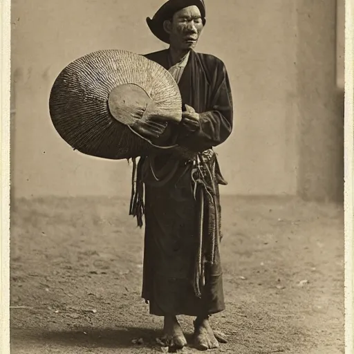 Prompt: nanning, guangxi a zhuangzu medicine man or shaman in ceremonial dress, holding a dong son bronze drum. photograph, ca. 1 9 2 0