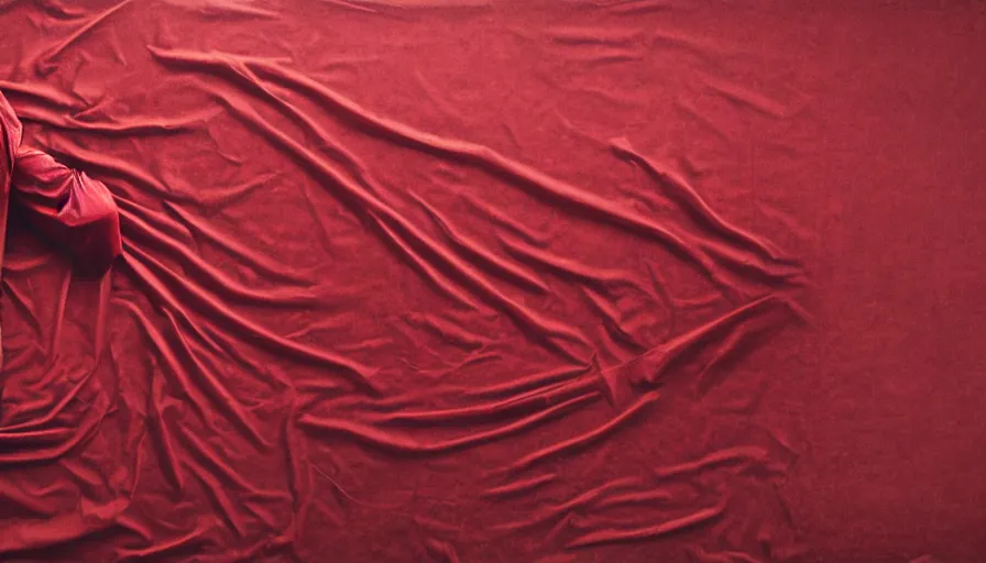 Image similar to rendering of invisible man wrapped in red velvet sheet. surrounded by darkness