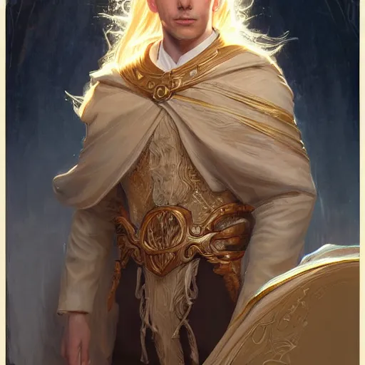 Prompt: portrait of a blonde-haired male cleric, D&D, fantasy, intricate, elegant, highly detailed, digital painting, artstation, concept art, smooth, sharp focus, illustration, art by artgerm and greg rutkowski and alphonse mucha