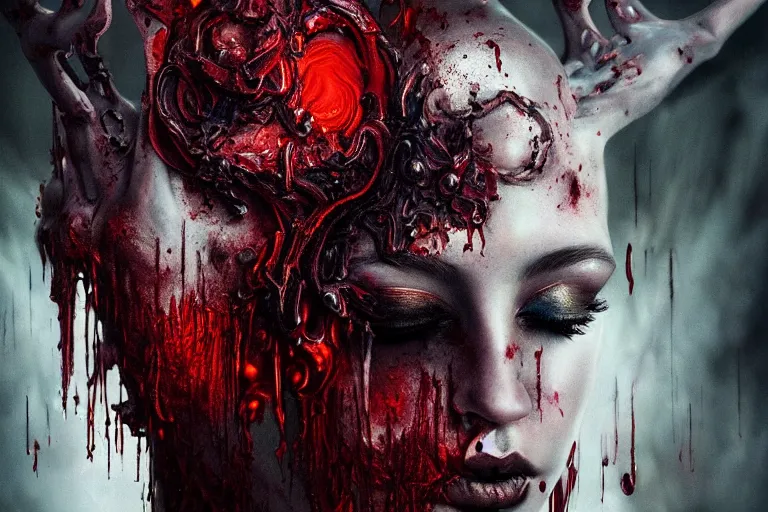 Prompt: surreal Portrait of beautiful seductive Dark demonic godeness of destruction and war covered in blood in dmt chromatic surreal liquid enviroment , elegant, highly detailed, smooth, photoreal, sharp focus, illustration, beautiful, geometric, dmt trending on artstation, cinematic, artwork by WLOP