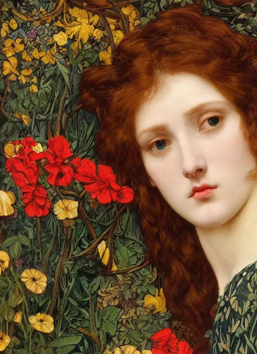 Image similar to masterpiece beautiful seductive flowing curves preraphaelite face portrait amongst flowers, extreme close up shot, straight bangs, thick set features, yellow ochre ornate medieval dress, laying amongst foliage mushroom forest circle arch, frederic leighton and kilian eng and rosetti and preraphaelites, william morris, 4 k